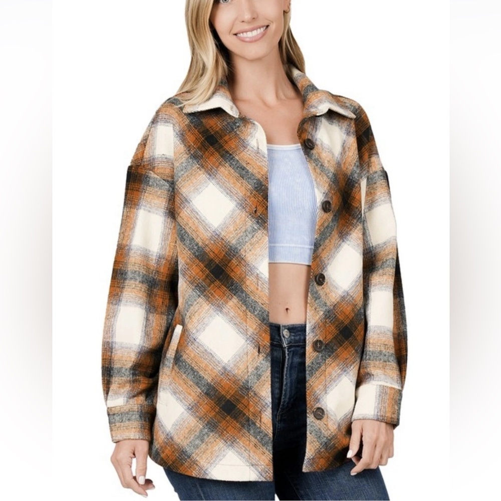Zenana plaid Button Up Shacket Jacket Women’s Check Flannel Fall Casual Sz S